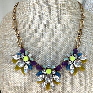 J. Crew Floral Statement Necklace Crystal & Enamel Multicolor Gold-Tone Chain 18